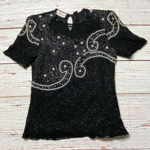 Vintage 80s Laurence Kazar New York Silk Beaded Top Sz L